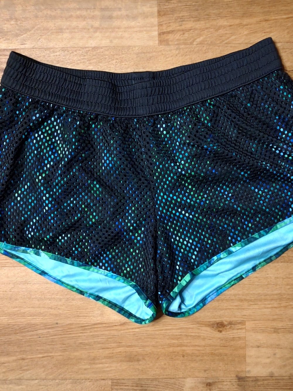 Champion Black Mesh Athletic Shorts with Aqua Lining and Teal Accents